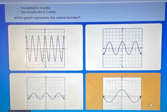 The period is 4 units. 
The amplitude is 2 units. 
Which graph represents the cosine function?