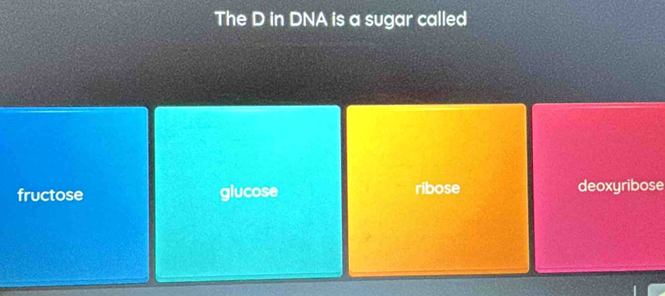 The D in DNA is a sugar called
fructose glucose ribose deoxyribose