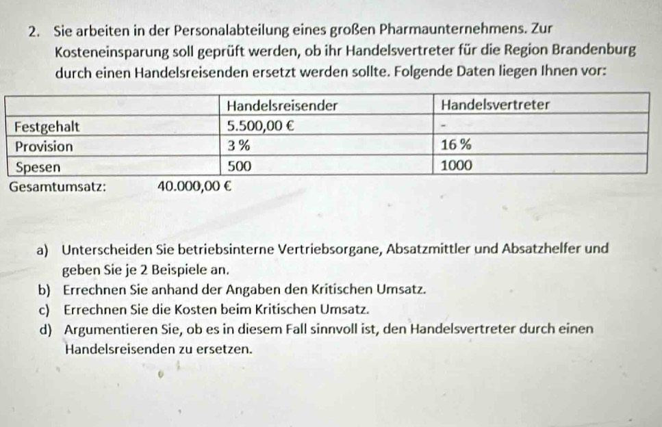 Sie arbeiten in der Personalabteilung eines großen Pharmaunternehmens. Zur 
Kosteneinsparung soll geprüft werden, ob ihr Handelsvertreter für die Region Brandenburg 
durch einen Handelsreisenden ersetzt werden sollte. Folgende Daten liegen Ihnen vor: 
a) Unterscheiden Sie betriebsinterne Vertriebsorgane, Absatzmittler und Absatzhelfer und 
geben Sie je 2 Beispiele an. 
b) Errechnen Sie anhand der Angaben den Kritischen Umsatz. 
c) Errechnen Sie die Kosten beim Kritischen Umsatz. 
d) Argumentieren Sie, ob es in diesem Fall sinnvoll ist, den Handelsvertreter durch einen 
Handelsreisenden zu ersetzen.