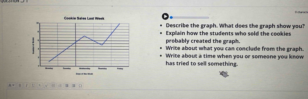 QÜeStOn3 1 
0 characte 
Describe the graph. What does the graph show you? 
Explain how the students who sold the cookies 
probably created the graph. 
Write about what you can conclude from the graph. 
Write about a time when you or someone you know 
has tried to sell something.
A= B U x. x =≡ Ω