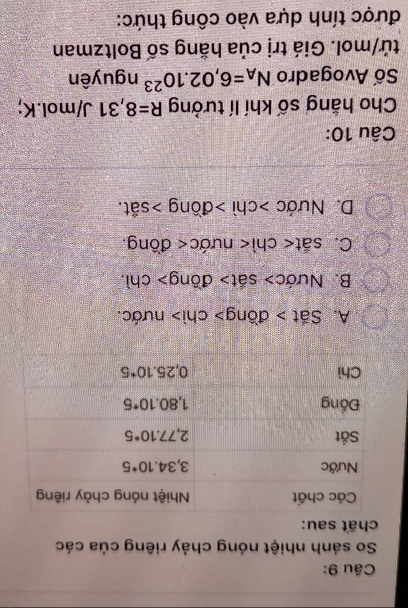 So sánh nhiệt nóng chảy riêng của các
chất sau:
A. Sắt > đồng> chì> nước.
B. Nước> sắt> đồng> chì.
C. sắt< chì< nước< đồng.
 D. Nước >chì >đồng >sắt.
Câu 10:
Cho hằng số khí lí tưởng R=8,31J/mol.K;
Số Avogadro N_A=6,02.10^(23)nguyhat e n
tử/mol. Giá trị của hằng số Boltzman
được tính dựa vào công thức: