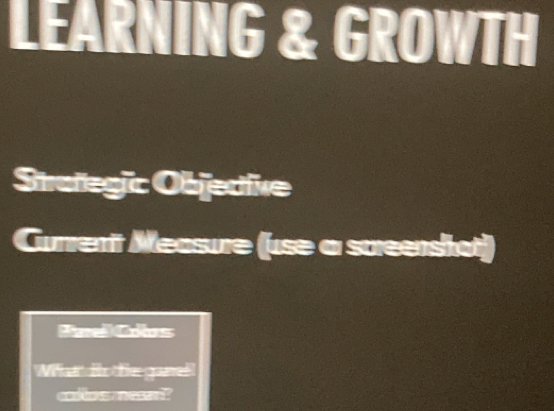 LEARNING & GROWTH 
Strafegic Objedive 
Currenit Measure (use a screenshot) 
Parel Colos 
Mt lo fe gam