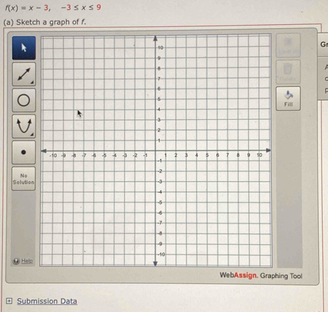 f(x)=x-3, -3≤ x≤ 9
(a) Sketch a graph of f. 
G 

C 
Fill 
No 
Solutio 
Help 
Graphing Tool 
+ Submission Data