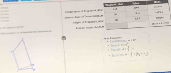 a
Longer Base of Trapezoid JK
este
Shorter Base of Trapezoid JK
Height of Trapezold J
s of trapested PRMT
Infirmiation to coneplede the workshoet. Area of Trapezold J
Area Formulas
Parallelogram A=bh
Squace: A=s^2
Triangie: A= 1/2 bh
Trapezoid: A= 1/2 h(b_1+b_2)