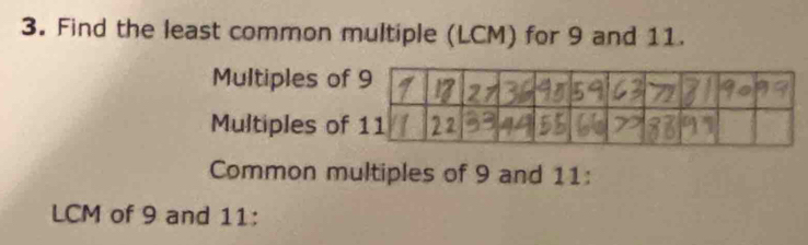 Find the least common multiple (LCM) for 9 and 11. 
Multiples of 
Multiples of 
Common multiples of 9 and 11 : 
LCM of 9 and 11 :