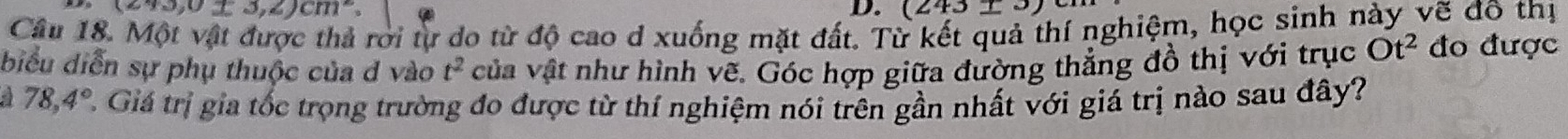 (243,0± 3,2)cm^2, 
D. (243_ )
Câu 18. Một vật được thả rời từ do từ độ cao d xuống mặt đất. Từ 
thí nghiệm, học sinh này vẽ đô thị 
biểu diễn sự phụ thuộc của d vào t^2 của vật như hình vẽ. Góc hợp giữa đường thẳng đồ thị với trục Ot^2 đo được 
a 78,4° 2. Giá trị gia tốc trọng trường đo được từ thí nghiệm nói trên gần nhất với giá trị nào sau đây?