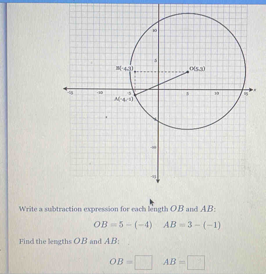 Write a subtraction expression for each length OB and AB:
OB=5-(-4) AB=3-(-1)
Find the lengths OB and AB:
OB=□ AB=□