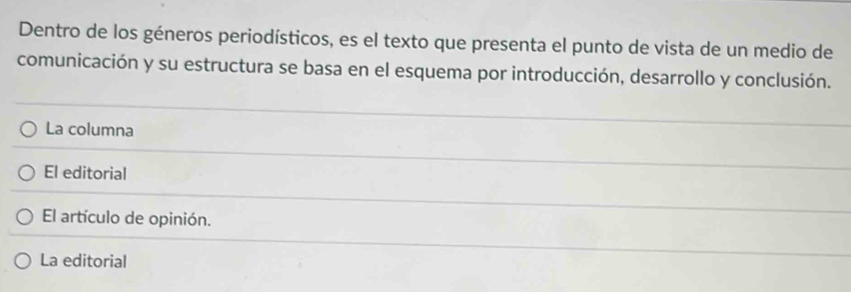 Dentro de los géneros periodísticos, es el texto que presenta el punto de vista de un medio de
comunicación y su estructura se basa en el esquema por introducción, desarrollo y conclusión.
La columna
El editorial
El artículo de opinión.
La editorial