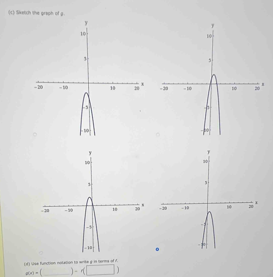 Sketch the graph of g. 


(d) Use function notation to write g in terms of f.
g(x)= _ x_△ ABC= △ ABC/△ ABC  )-t(□ )