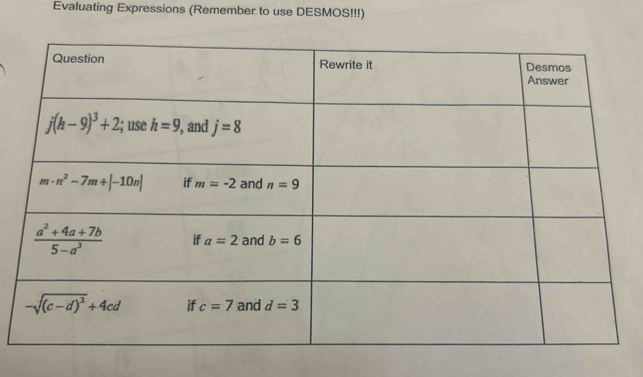 Evaluating Expressions (Remember to use DESMOS!!!)