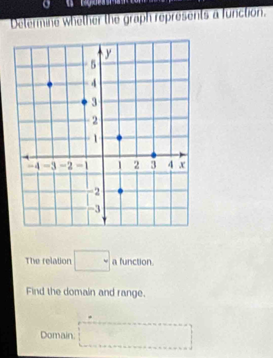 a 
Determine whether the graph represents a function. 
The relation □ a function. 
Find the domain and range. 
Domain: □