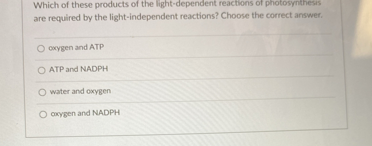 Which of these products of the light-dependent reactions of photosynthesis
are required by the light-independent reactions? Choose the correct answer.
oxygen and ATP
ATP and NADPH
water and oxygen
oxygen and NADPH