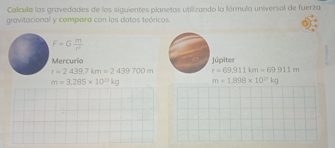 Calcula las gravedades de los siguientes planetas utilizando la fórmula universal de fuerza 
gravitacional y compara con los datos teóricos.
F=G m/r^2 
Mercurio Júpiter
r=2439,7km=2439700m
r=69,911km=69911m
m=3,285* 10^(23)kg
m=1,898* 10^(27)kg