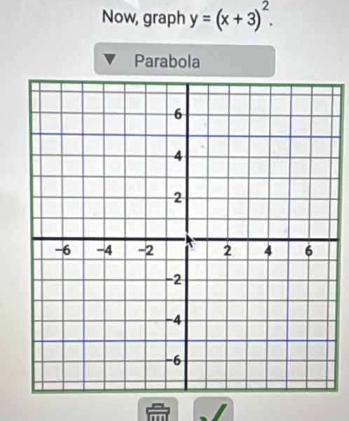 Now, graph y=(x+3)^2. 
Parabola