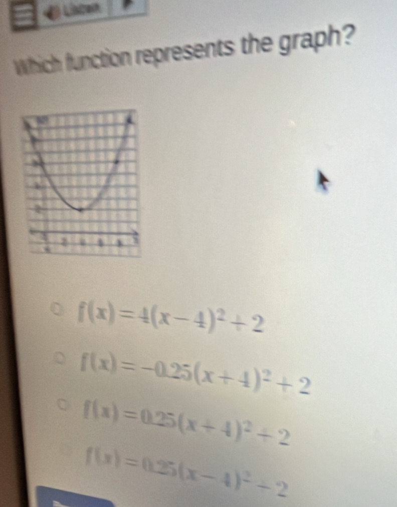 Which function represents the graph?
f(x)=4(x-4)^2+2
f(x)=-0.25(x+4)^2+2
f(x)=0.25(x+4)^2+2
f(x)=0.25(x-4)^2+2