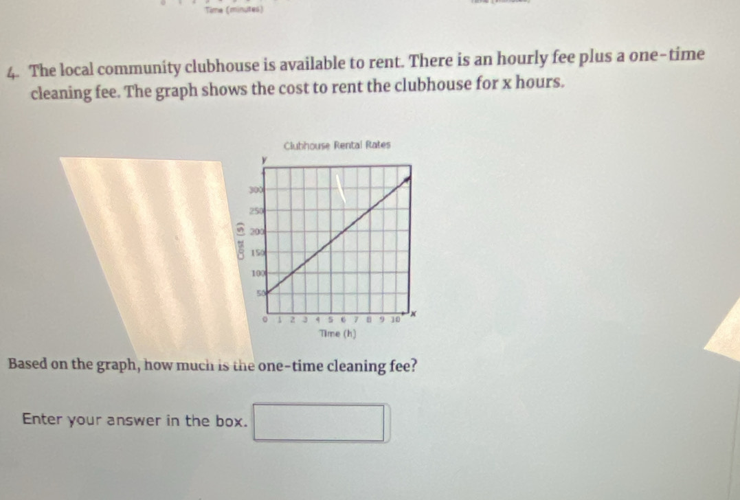 Time (minutes) 
4. The local community clubhouse is available to rent. There is an hourly fee plus a one-time 
cleaning fee. The graph shows the cost to rent the clubhouse for x hours. 
Clubhouse Rental Rates 
Time (h) 
Based on the graph, how much is the one-time cleaning fee? 
Enter your answer in the box. □