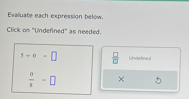 Evaluate each expression below. 
Click on "Undefined" as needed.
 □ /□  
5/ 0=□ Undefined
 0/8 =□
× 5