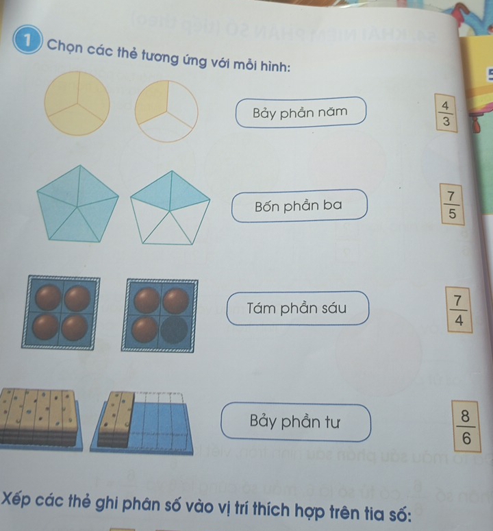 Chọn các thẻ tương ứng với mỗi hình:
Bảy phần năm
 4/3 
Bốn phần ba
 7/5 
Tám phần sáu
 7/4 
Bảy phần tư
 8/6 
Xếp các thẻ ghi phân số vào vị trí thích hợp trên tia số: