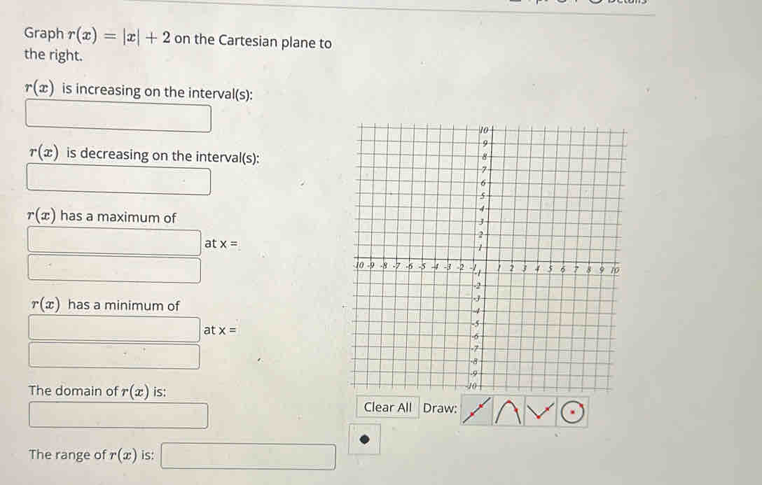 Graph r(x)=|x|+2 on the Cartesian plane to 
the right.
r(x) is increasing on the interval(s): 
□
r(x) is decreasing on the interval(s): 
□
r(x) has a maximum of 
□ at x=
□
r(x) has a minimum of 
□ at x=
3x
□ 
The domain of r(x) is: 
□ 
Clear All Draw: 
The range of r(x) is: □