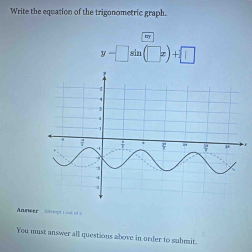 Write the equation of the trigonometric graph.
try
y=□ sin (□ x)+□
x
Answer  Altempt 1 out of 2
You must answer all questions above in order to submit.