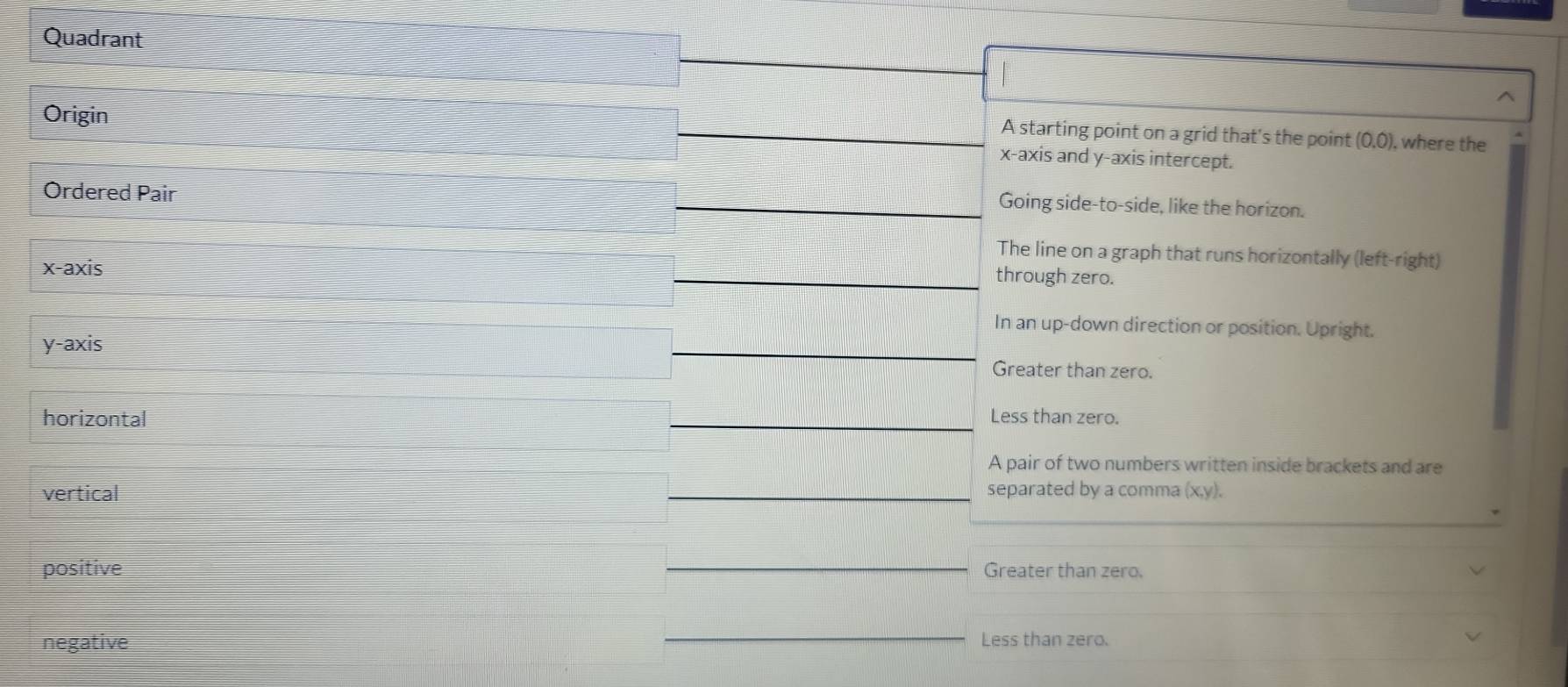 Quadrant
Origin
A starting point on a grid that's the point (0,0) , where the
x-axis and y-axis intercept.
Ordered Pair
Going side-to-side, like the horizon.
The line on a graph that runs horizontally (left-right)
x-axis through zero.
In an up-down direction or position. Upright.
y-axis
Greater than zero.
horizontal Less than zero.
A pair of two numbers written inside brackets and are
vertical separated by a comma (x, y).
positive Greater than zero.
negative Less than zero.