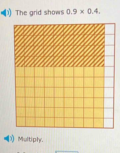 The grid shows 0.9* 0.4. 
Multiply.