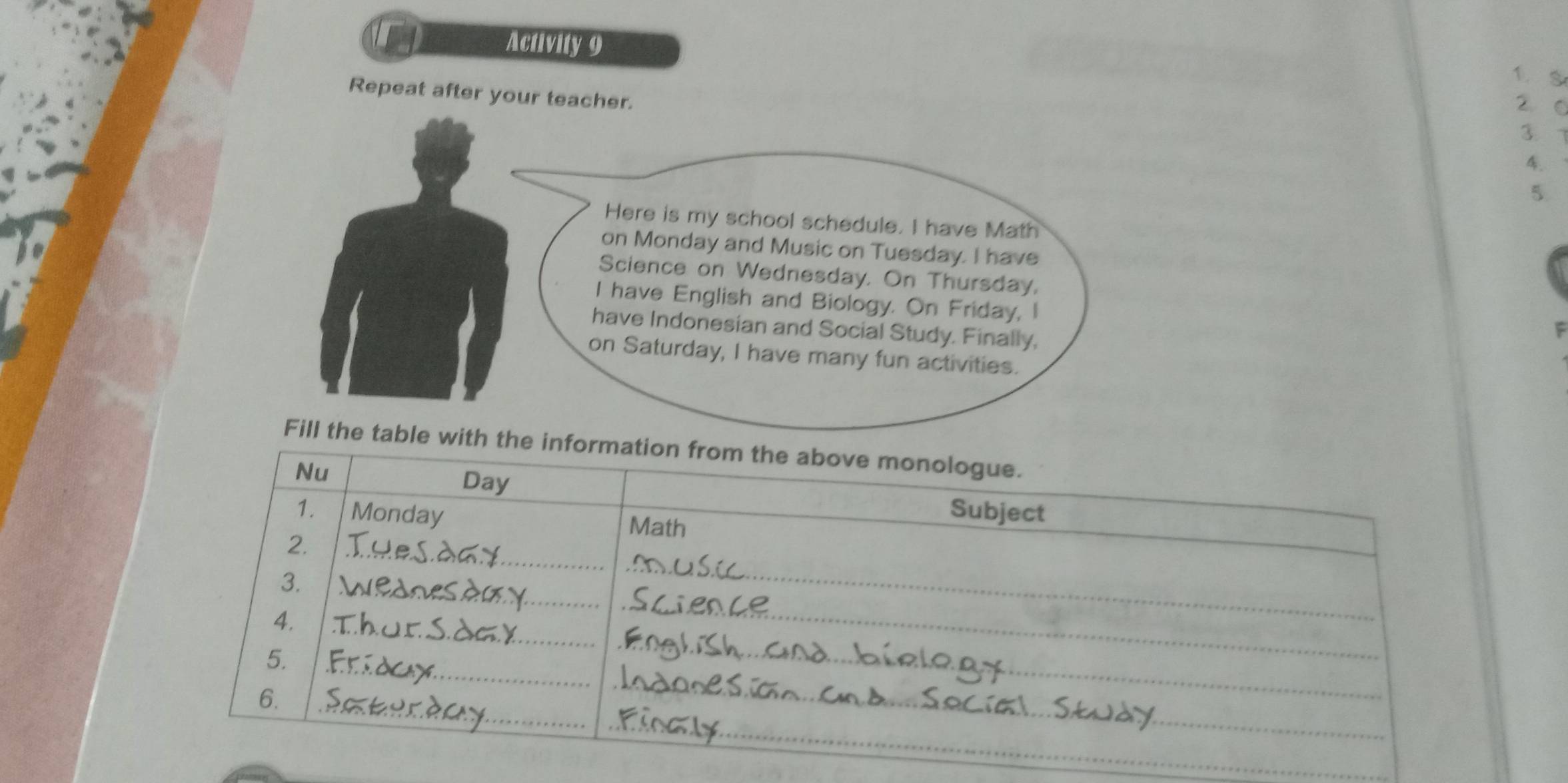 Activity 9 
1. s 
Repeat after your teacher. 
② 
3 
4. 
5 
Here is my school schedule. I have Math 
on Monday and Music on Tuesday. I have 
Science on Wednesday, On Thursday, 
I have English and Biology. On Friday, I 
have Indonesian and Social Study. Finally, 
on Saturday, I have many fun activities. 
Fill the table with the information from the above monologue. 
Nu 
Day Subject 
1. Monday Math 
_ 
_ 
2. 
_ 
__ 
3. 
_ 
4. 
_ 
_ 
5. 
_ 
6. 
_ 
_ 
_