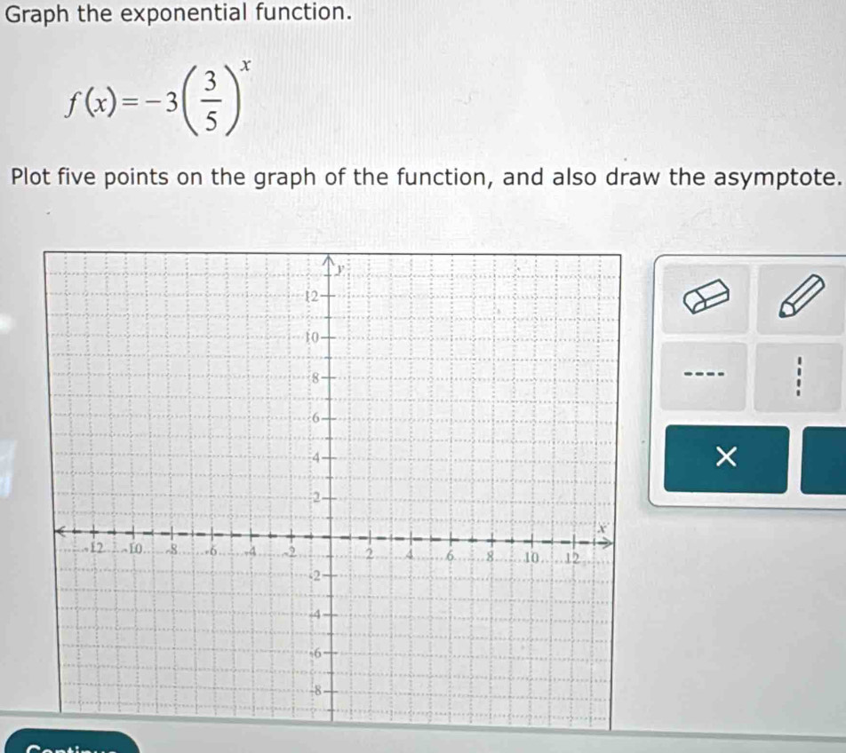 Graph the exponential function.
f(x)=-3( 3/5 )^x
Plot five points on the graph of the function, and also draw the asymptote. 
! 
. 
×