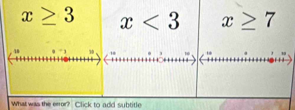 x≥ 3
x<3</tex>
x≥ 7
10
0
10 10 o 10
What was the error? Click to add subtitle