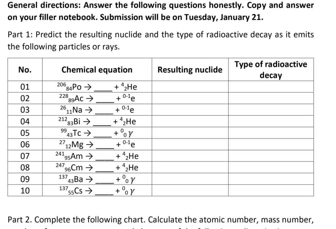 General directions: Answer the following questions honestly. Copy and answer
on your filler notebook. Submission will be on Tuesday, January 21.
Part 1: Predict the resulting nuclide and the type of radioactive decay as it emits
the following particles or rays.
Part 2. Complete the following chart. Calculate the atomic number, mass number,