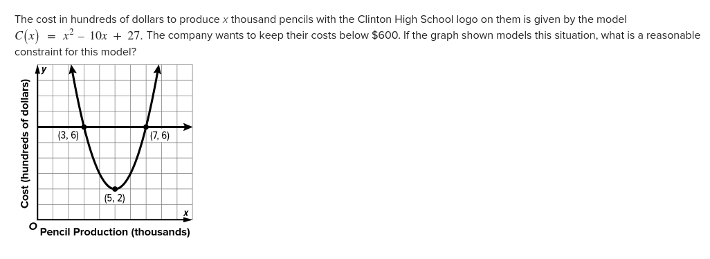 The cost in hundreds of dollars to produce x thousand pencils with the Clinton High School logo on them is given by the model
C(x)=x^2-10x+27. The company wants to keep their costs below $600. If the graph shown models this situation, what is a reasonable
constraint for this model?
Pencil Production (thousands)