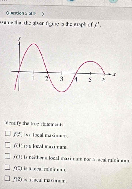 ssume that the given figure is the graph of f'. 
Identify the true statements.
f(5) is a local maximum.
f(1) is a local maximum.
f(1) is neither a local maximum nor a local minimum.
f(0) is a local minimum.
f(2) is a local maximum.