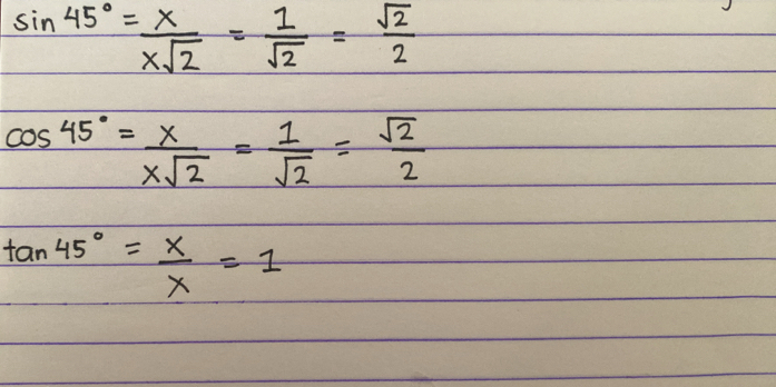 sin 45°= x/xsqrt(2) = 1/sqrt(2) = sqrt(2)/2 
cos 45°= x/xsqrt(2) = 1/sqrt(2) = sqrt(2)/2 
tan 45°= x/x =1