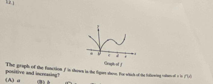 12.)
Graph of f
The graph of the function f is shown in the figure above. For which of the following values of x is f'(x)
positive and increasing?
(A) a (B)b