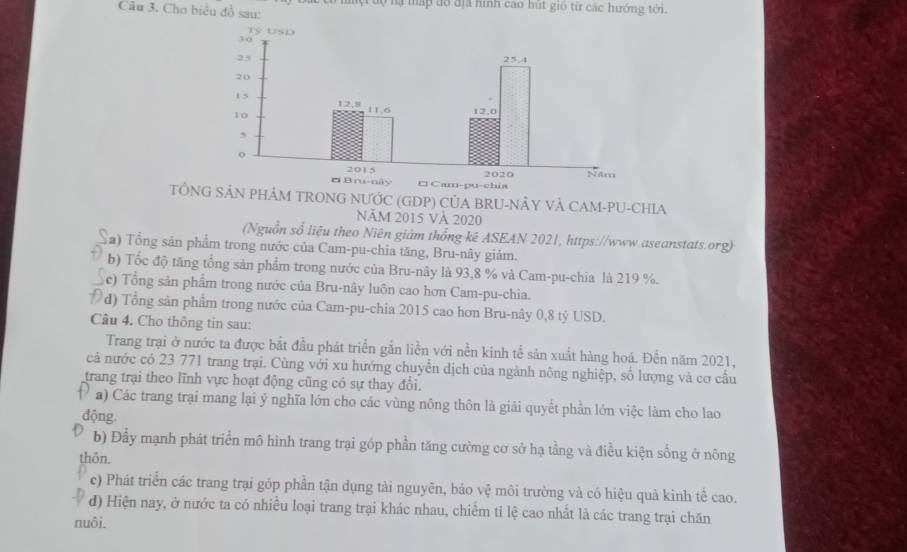 Cho biểu đồ sau: mộ độ hạ tấp đó địã hình cao hút gió từ các hướng tới.
TÔNÂM TRONG NƯỚC (GDP) CỦA BRU-NÂY VÀ CAM-PU-CHIA
Năm 2015 Và 2020
(Nguồn số liệu theo Niên giảm thống kê ASEAN 2021, https://www.aseanstats.org)
(a) Tổng sản phẩm trong nước của Cam-pu-chia tăng, Bru-nây giảm.
b) Tốc độ tăng tổng sản phẩm trong nước của Bru-nây là 93, 8 % và Cam-pu-chia là 219 %.
c) Tổng sản phẩm trong nước của Bru-nây luôn cao hơn Cam-pu-chia.
d) Tổng sản phẩm trong nước của Cam-pu-chia 2015 cao hơn Bru-nây 0, 8 tỷ USD.
Câu 4. Cho thông tin sau:
Trang trại ở nước ta được bắt đầu phát triển gắn liền với nền kinh tể sản xuất hàng hoá. Đến năm 2021,
cả nước có 23 771 trang trại. Cùng với xu hướng chuyển dịch của ngành nông nghiệp, số lượng và cơ cầu
trang trại theo lĩnh vực hoạt động cũng có sự thay đổi.
a) Các trang trại mang lại ý nghĩa lớn cho các vùng nông thôn là giải quyết phần lớn việc làm cho lao
động.
b) Đẩy mạnh phát triển mô hình trang trại góp phần tăng cường cơ sở hạ tầng và điều kiện sống ở nông
thôn.
c) Phát triển các trang trại góp phần tận dụng tài nguyên, bảo vệ môi trường và có hiệu quả kinh tế cao.
đ) Hiện nay, ở nước ta có nhiều loại trang trại khác nhau, chiếm tỉ lệ cao nhất là các trang trại chăn
nuôi.