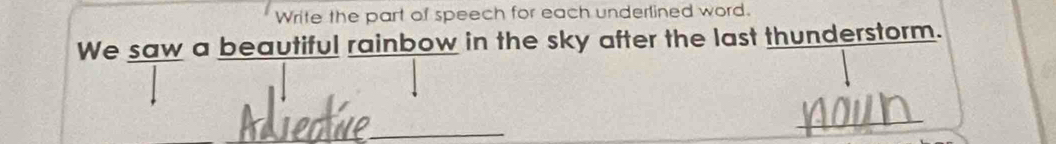 Write the part of speech for each underlined word. 
We saw a beautiful rainbow in the sky after the last thunderstorm. 
_ 
_