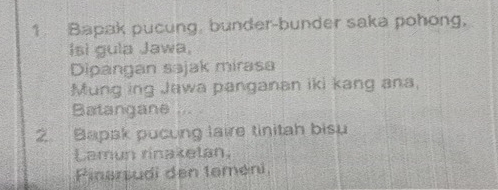 Bapak pucung, bunder-bunder saka pohong, 
Isi gula Jawa, 
Dipangan səjak mirasa 
Mung ing Jawa panganan iki kang ana, 
Batangane 
2. Bapak pucung laire tinitah bisu 
Lamun rinakelan, 
Pinarsudi den 1eméni,