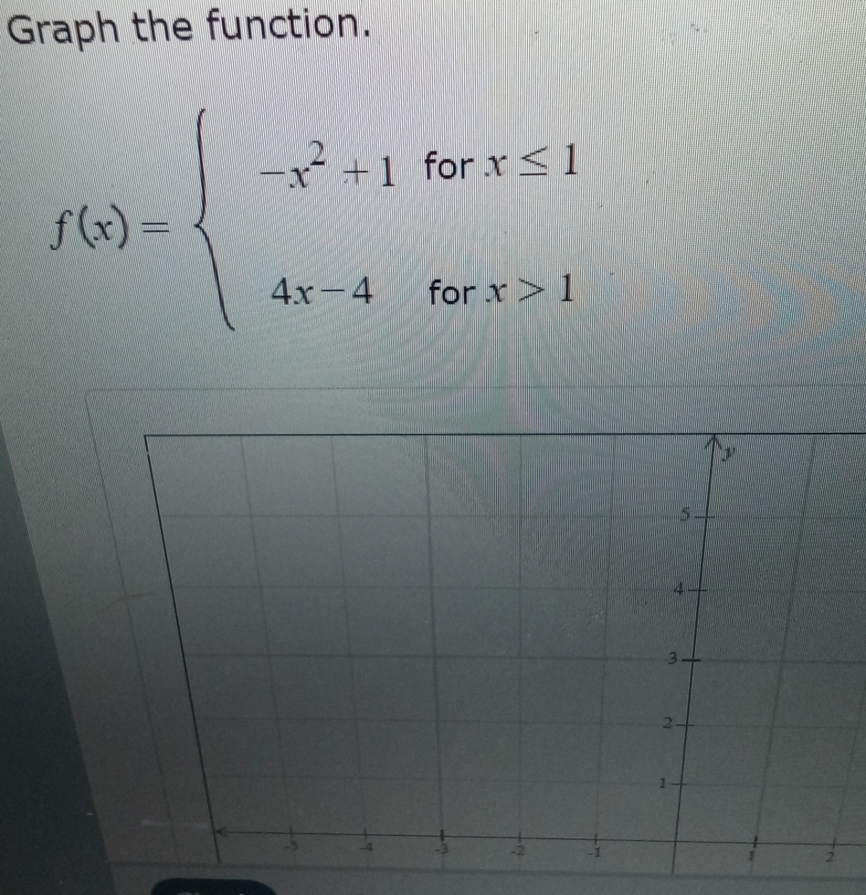 Graph the function.
f(x)=beginarrayl -x^2+1forx<1 4x-4forx>1endarray.