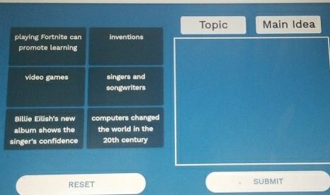 Topic Main Idea 
RESET SUBMIT