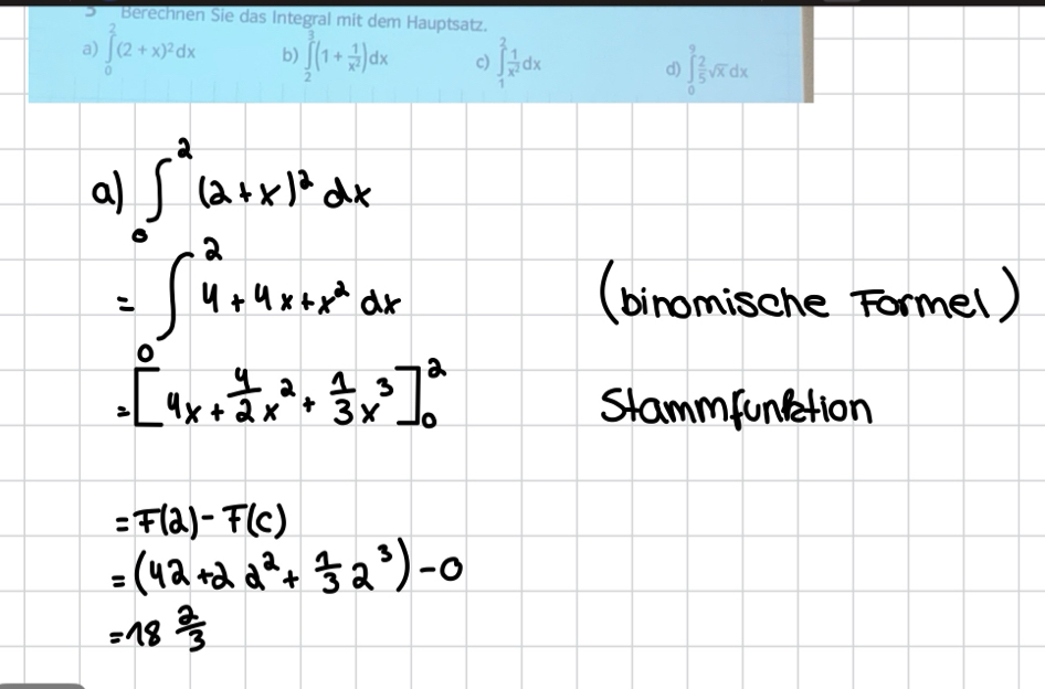 Berechnen Sie das Integral mit dem Hauptsatz.
a) ∈tlimits _0^(2(2+x)^2)dx b) ∈tlimits _2^(3(1+frac 1)x^2)dx c) ∈tlimits _1^(2frac 1)x^2dx d) ∈tlimits _0^(9frac 2)5sqrt(x)dx