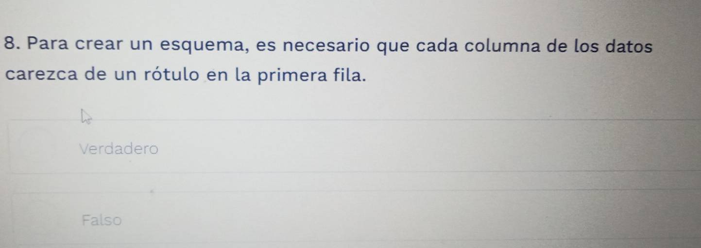 Para crear un esquema, es necesario que cada columna de los datos
carezca de un rótulo en la primera fila.
Verdadero
Falso