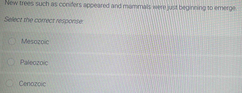 New trees such as conifers appeared and mammals were just beginning to emerge.
Select the correct response:
Mesozoic
Paleozoic
Cenozoic