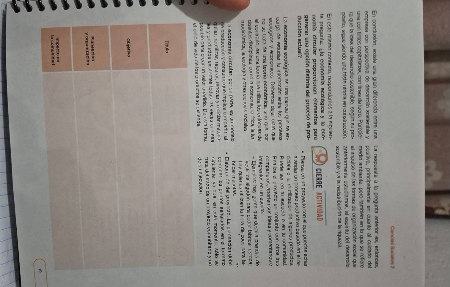 Ciencias Sociales 2
En conclusión, existe una gran diferencia entre una La respuesta a la pregunta anterior es, entonces,
empresa con perspectiva de desarrollo sostenible y positiva, principalmente en cuanto al cuidado del
una con tintes capitalistas, con fines de lucro. Parecie- medio ambiente, pero también en lo que se refiere
ra que la idea del desarrollo sostenible, según su pro- al impulso de las formas de organización social que
pósito, sigue siendo una triste utopía en construcción. anteriormente estudiamos, al espíritu del desarrollo
sostenible y a la redistribución de la riqueza.
En este mismo contexto, respondamos a la siguien-
te pregunta: ¿la economía ecológica y la eco-
nomía circular proporcionan elementos para CIERRE ACTIVIDAD
generar una opción distinta del proceso de pro-
ducción actual? Piensa en un proyecto con el que puedas echar
a andar un proceso productivo basado en el re-
La economía ecológica es una ciencia que se en- ciclaje o la reutilización de algunos productos.
carga de estudiar la interacción entre los procesos Puede ser en tu escuela o en tu comunidad.
ecológicos y económicos. Debemos dejar claro que Realiza el proyecto en conjunto con otros tres
no se trata de una teoría económica, sino que, por compañeros, aporten sus ideas y comentarios e
el contrario, es una teoría que utiliza los enfoques de intégrenlos en un escrito.
distintas disciplinas, como la economía, la ética, la ter- - Ejemplos: hay gente que deshila prendas de
modinámica, la ecología y otras ciencias sociales. vestir de algodón para poder fabricar estopa;
hay quienes utilizan la fibra de coco para fa-
La economía circular, por su parte, es un modelo bricar macetas.
de producción y consumo que implica compartir, al-  Elaboración del proyecto. La planeación debe
quilar, reutilizar, reparar, renovar y reciclar materia- contener los puntos señalados en el formato
les y productos existentes todas las veces que sea siguiente, ya que, en este momento, sólo se
posible para crear un valor añadido. De esta forma, trata del trazo de un proyecto comunitario y no
el ciclo de vida de los productos se extiende. de su ejecución.
Título
Objetivo
Planeación
y organización
Impacto en
la comunidad
19