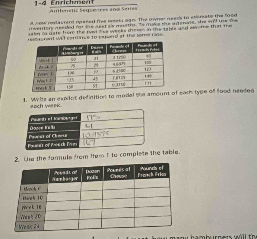 1-4 Enrichment 
Arithmetic Sequences and Series 
A new restaurant opened five weeks ago. The owner needs to estimate the food 
inventory needed for the next six months. To make the estimate, she will use the 
sales to date from the past five weeks shown in the table and assume that the 
restaurant will continue to expand at the same rate. 
1. Write an explicit definition to model the amof each type of food needed 
each week. 
2. Use the formula from Item 1 to complete the table. 
h h a b u r ger w il th