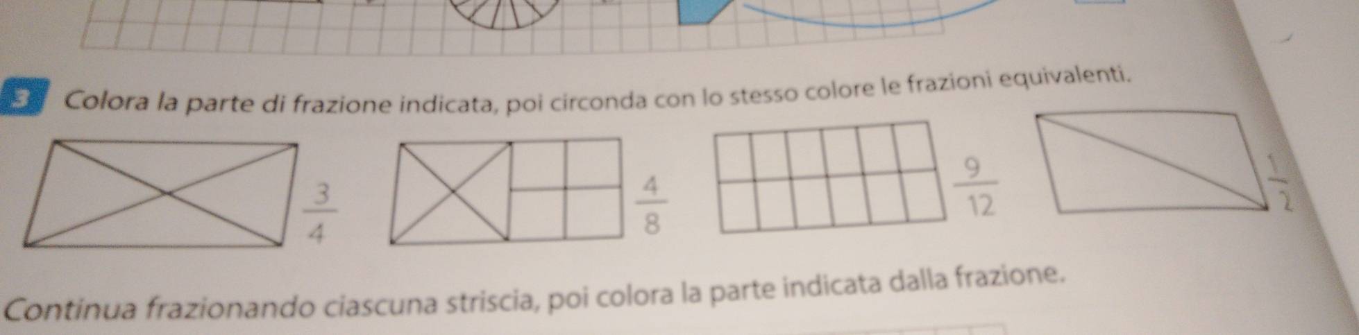 El Colora la parte di frazione indicata, poi circonda con lo stesso colore le frazioni equivalenti.
 9/12 
Continua frazionando ciascuna striscia, poi colora la parte indicata dalla frazione.