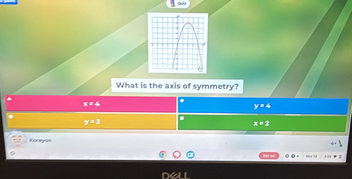 Quíz
What is the axis of symmetry?
x=4
y=4
y=2.
x=2
Koneyon
4* 
fign out Nov 18 3:09