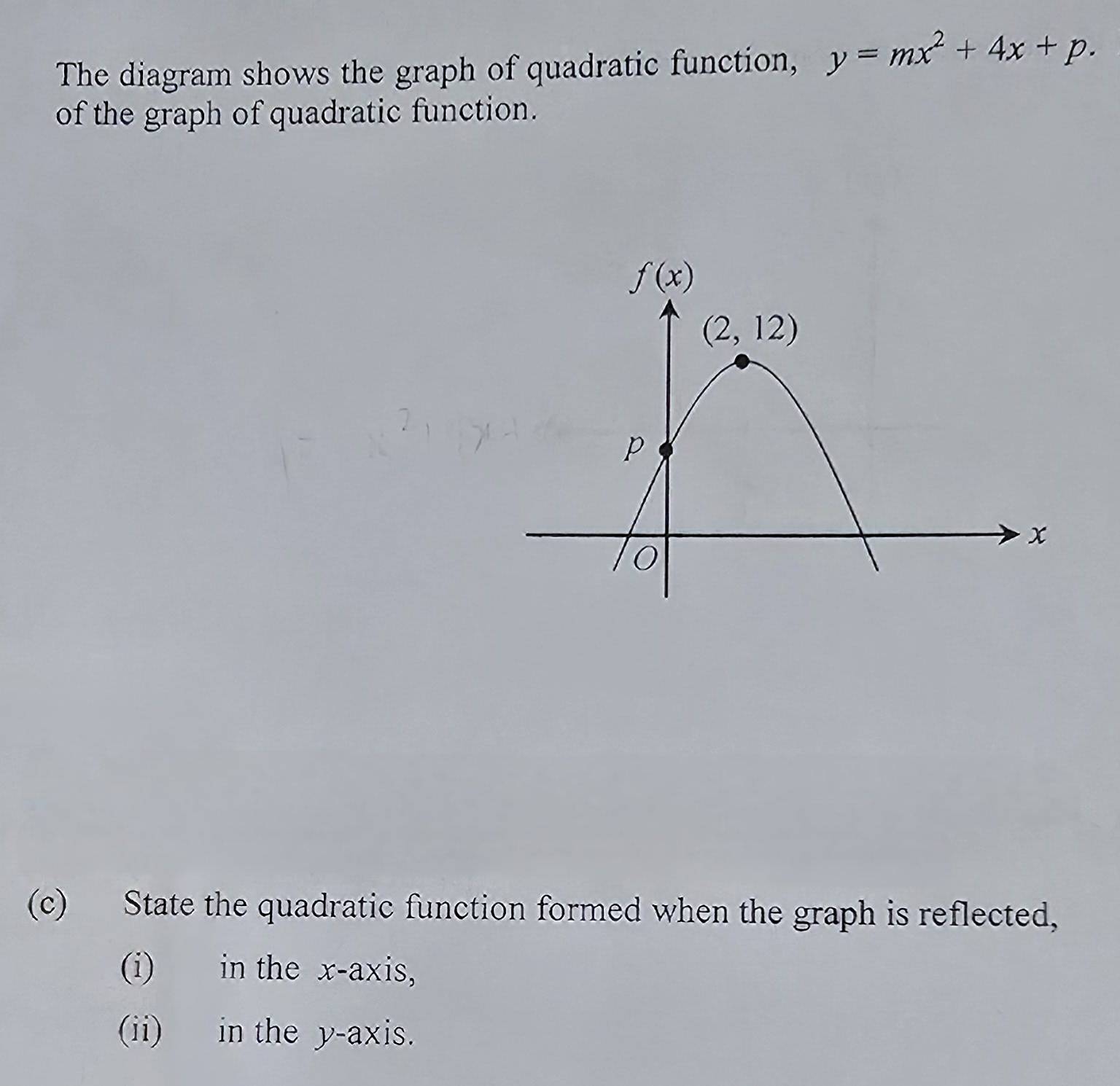 The diagram shows the graph of quadratic function, y=mx^2+4x+p.
of the graph of quadratic function.
(c) State the quadratic function formed when the graph is reflected,
(i) in the x-axis,
(ii) in the y-axis.