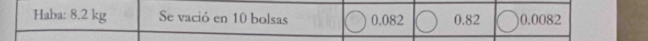 Haba: 8.2 kg Se vació en 10 bolsas 0.082 0.82 0.0082
