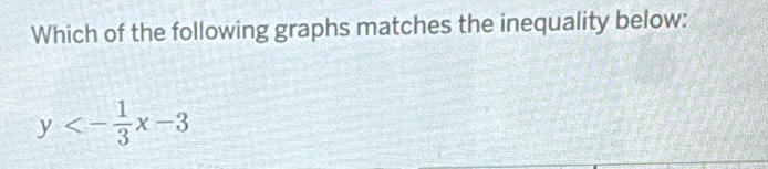 Which of the following graphs matches the inequality below:
y<- 1/3 x-3