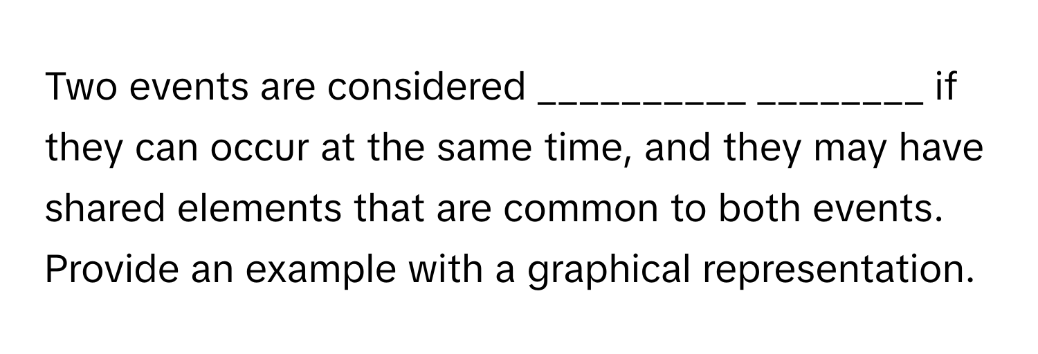 Two events are considered __________ ________ if they can occur at the same time, and they may have shared elements that are common to both events. Provide an example with a graphical representation.